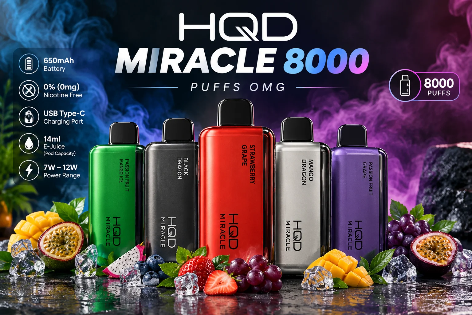 HQD Miracle 8000 Zero Nicotine fruity flavor range flat lay