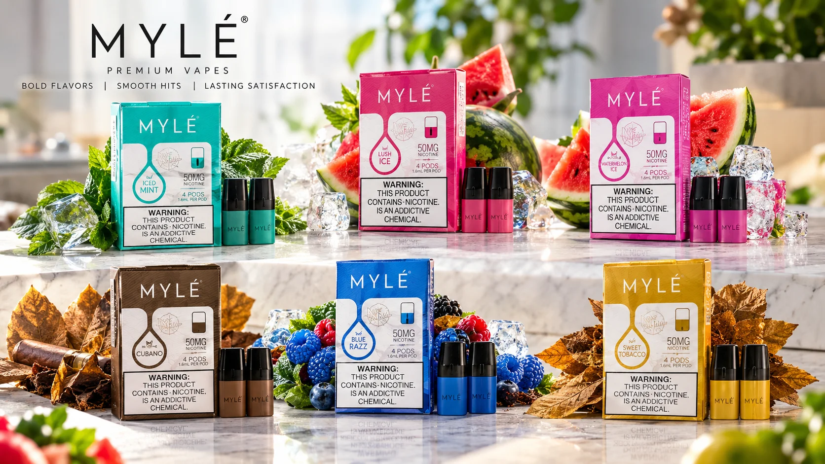 Myle V4 device color lineup, Jet Black, Hot Red, Elite White, Cosmic Rainbow, Aqua Teal, Classic Silver, and Lux Gold