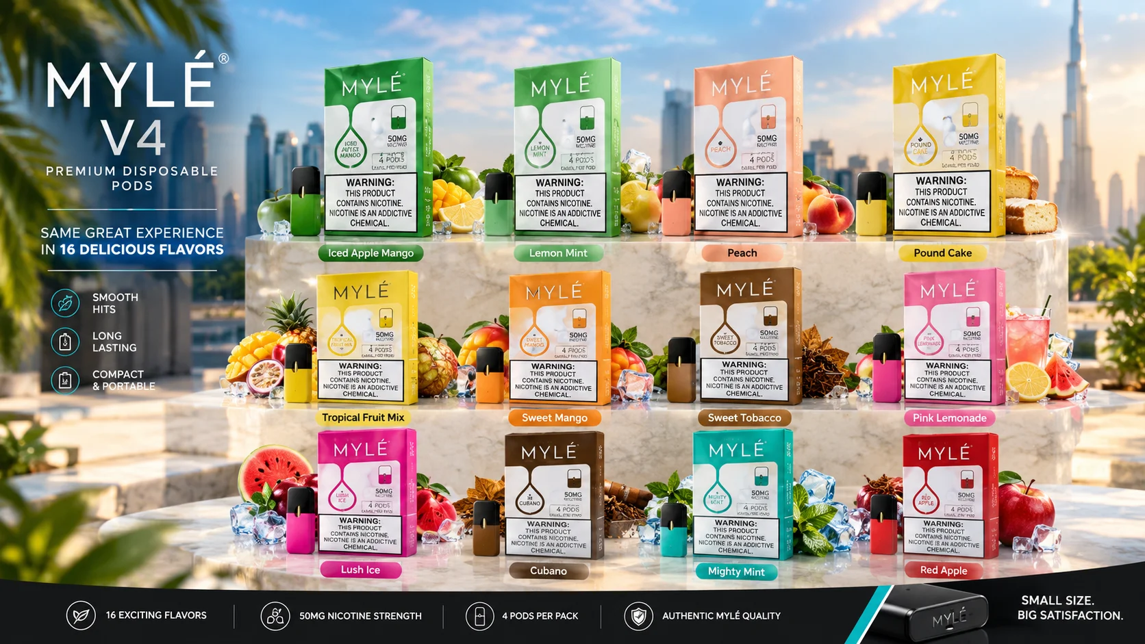 Myle V4 pod flavors, Peach, Watermelon Ice, Red Apple, Cubano, and Iced Mint