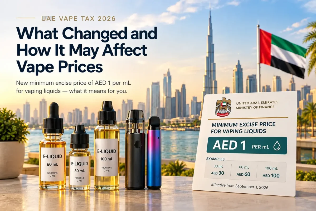 UAE vape tax 2026 showing new AED 1 per mL minimum excise price for vaping liquids