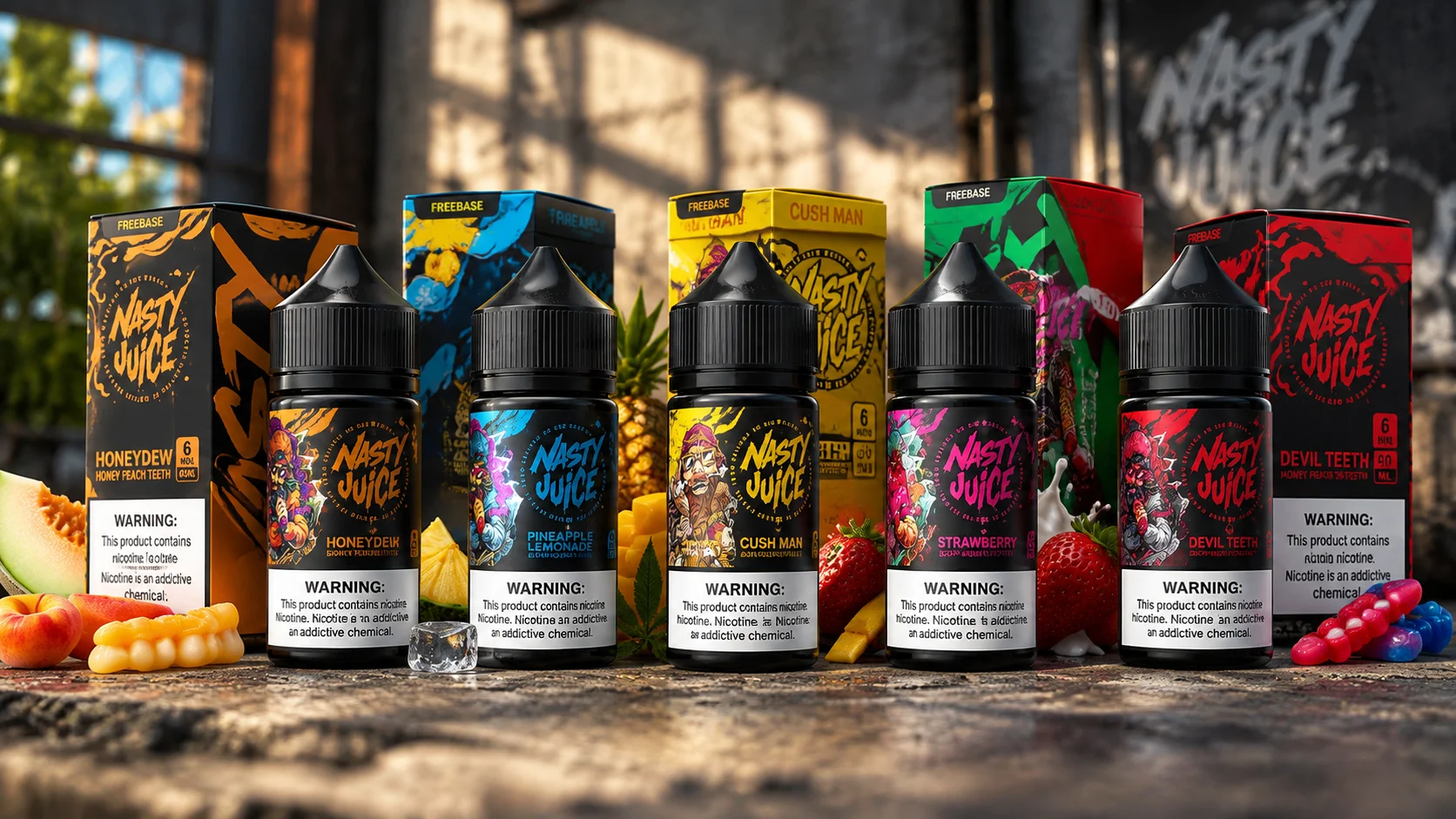 Nasty Juice 60ml e-liquid bottles and colorful flavor boxes in an urban studio setting