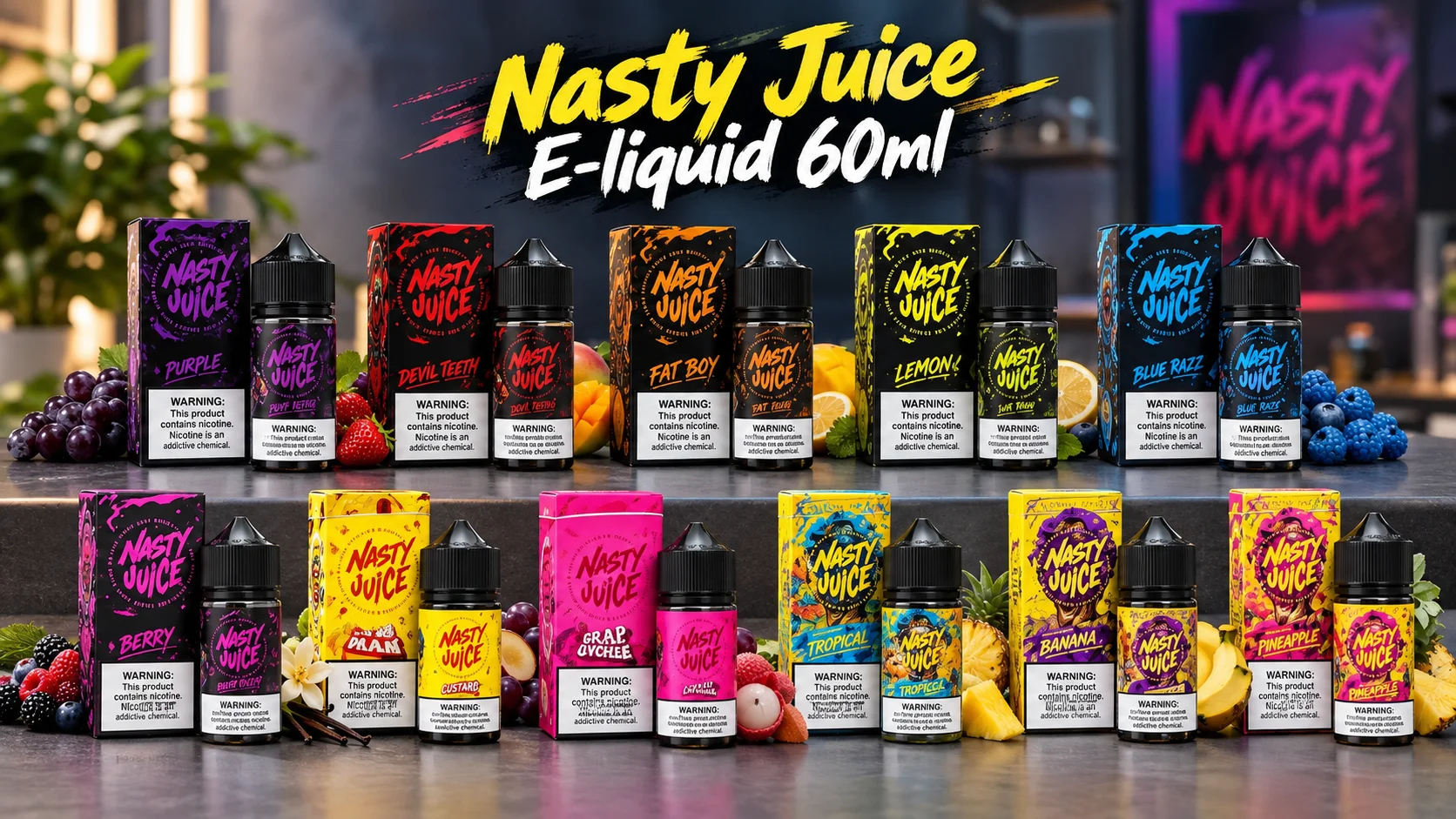 Nasty Juice e-liquid 60ml bottles and colorful flavor packaging displayed in a studio setting